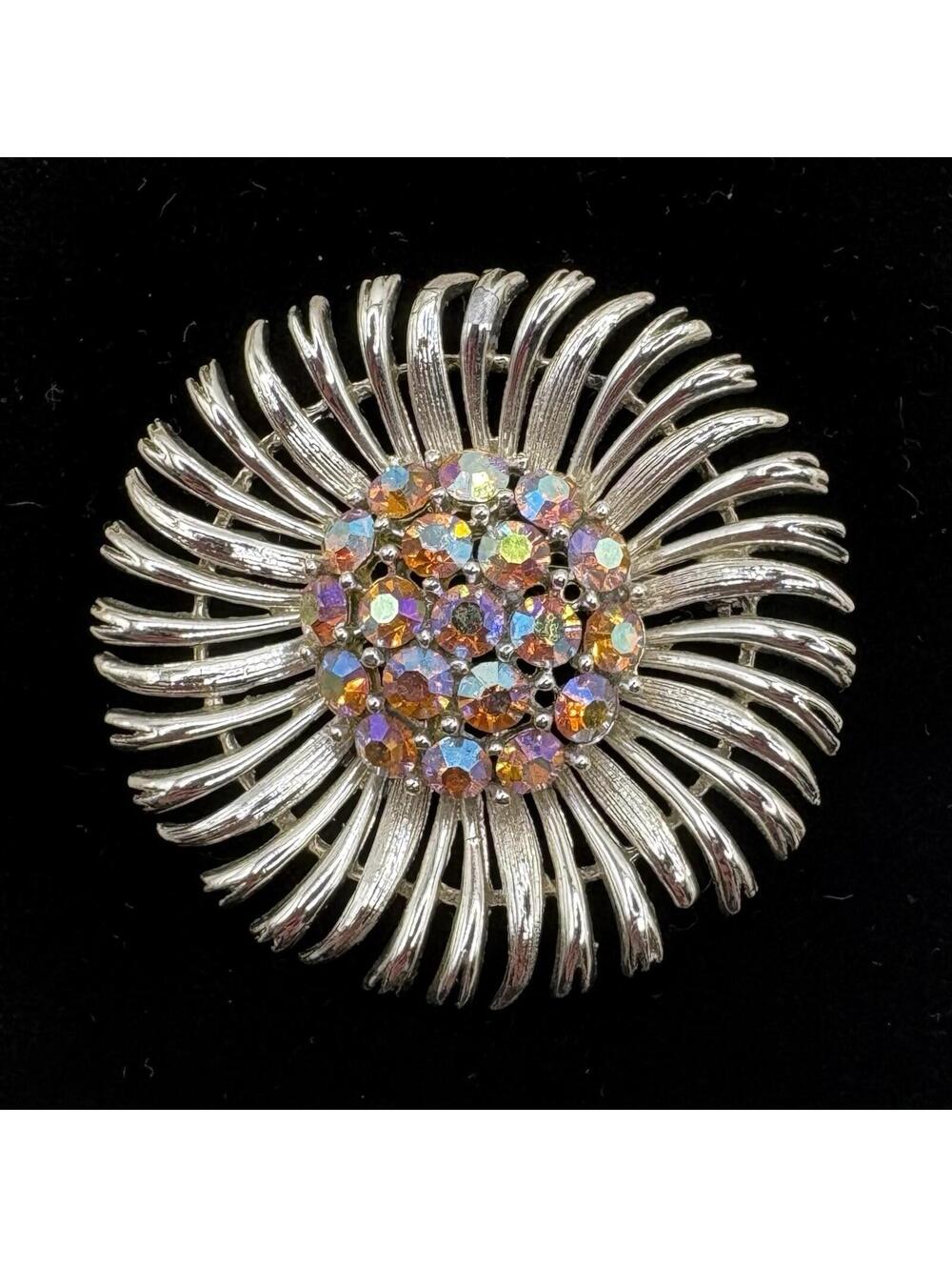 Vintage LISNER Silver Tone Sunburst Brooch AB Rhinestone Dome Pin Mid Century